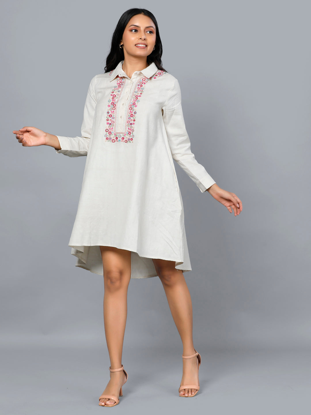 Eco Khadi Silk Ivory Floral Embroidered Tunic - Meher