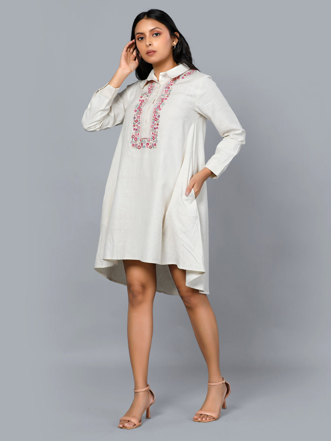 Eco Khadi Silk Ivory Floral Embroidered Tunic - Meher