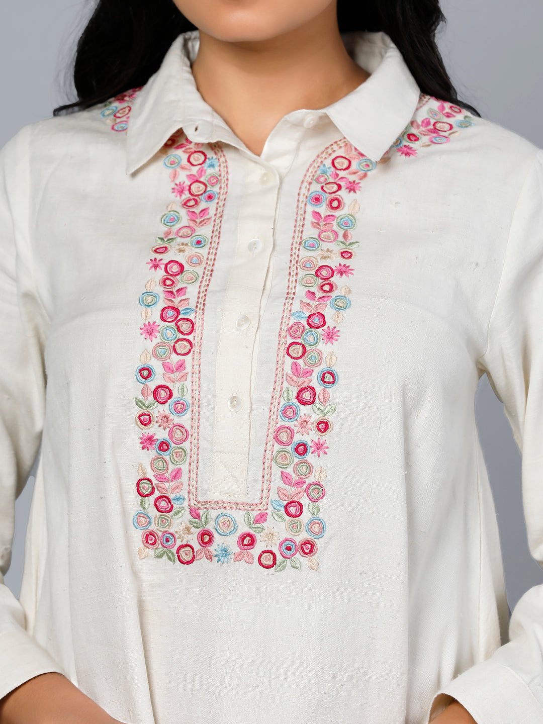 Eco Khadi Silk Ivory Floral Embroidered Tunic - Meher