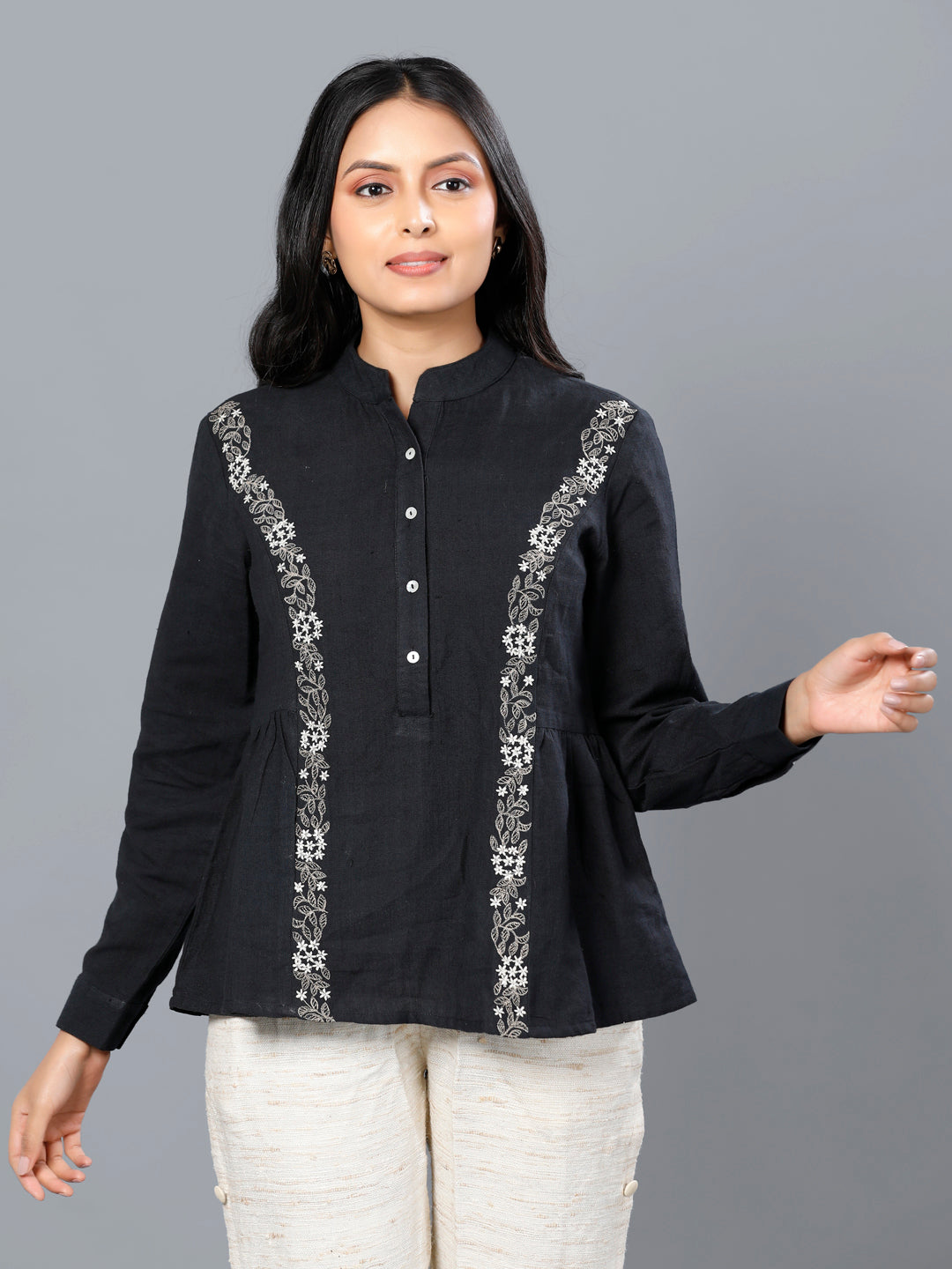 Eco Khadi Cotton Black Floral Embroidered Top