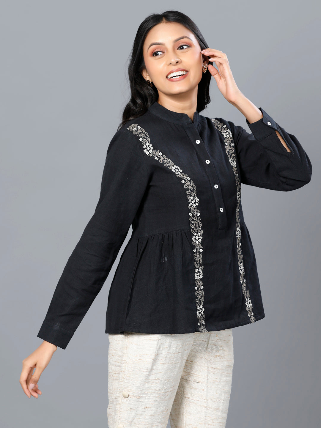 Eco Khadi Cotton Black Floral Embroidered Top