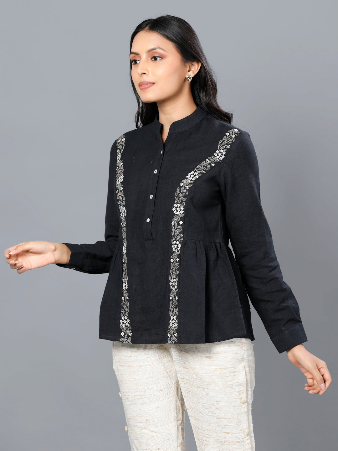 Eco Khadi Cotton Black Floral Embroidered Top