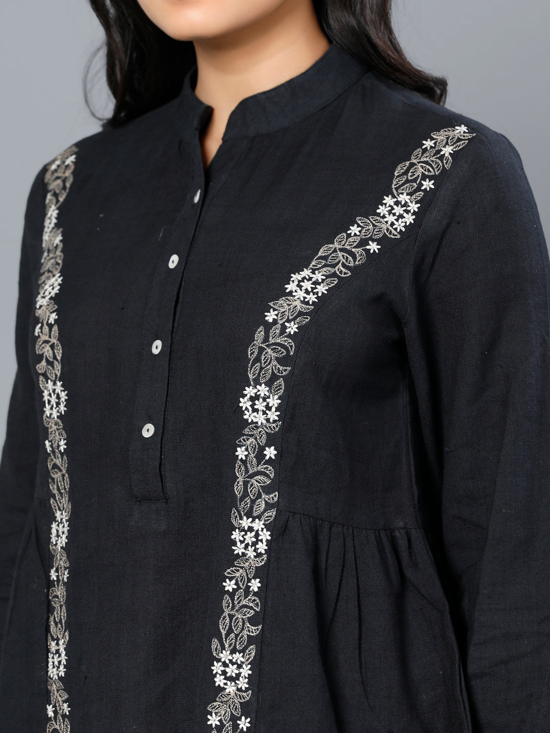 Eco Khadi Cotton Black Floral Embroidered Top