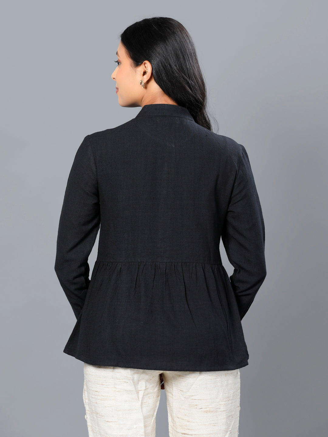 Eco Khadi Cotton Black Floral Embroidered Top