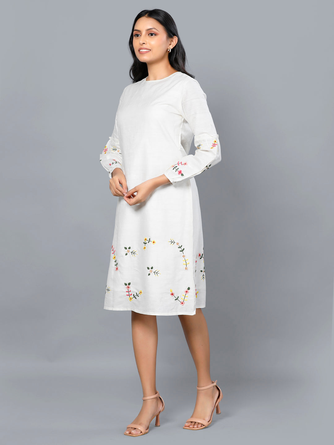 Eco Khadi Silk Ivory Floral Embroidered Dress