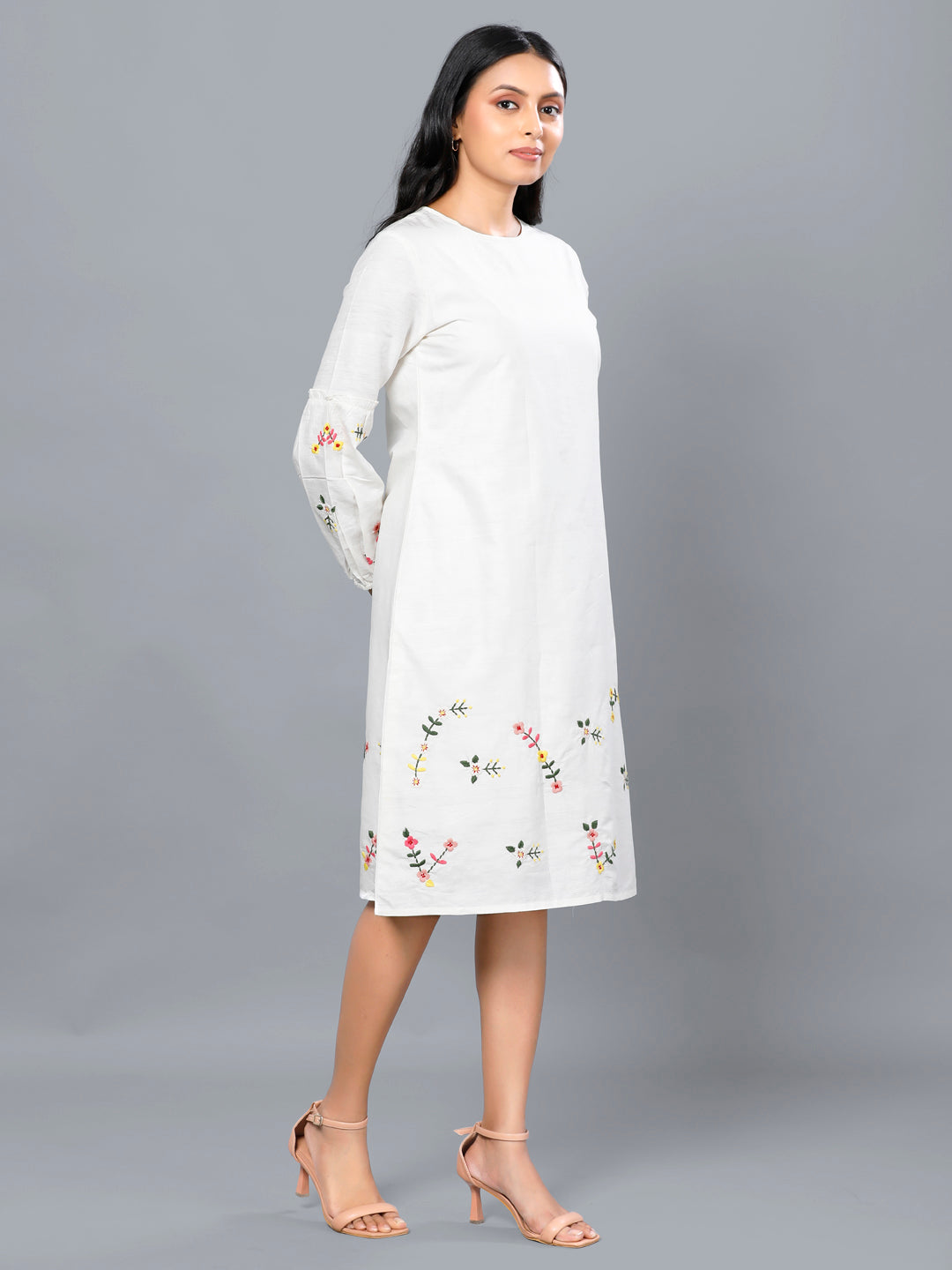 Eco Khadi Silk Ivory Floral Embroidered Dress