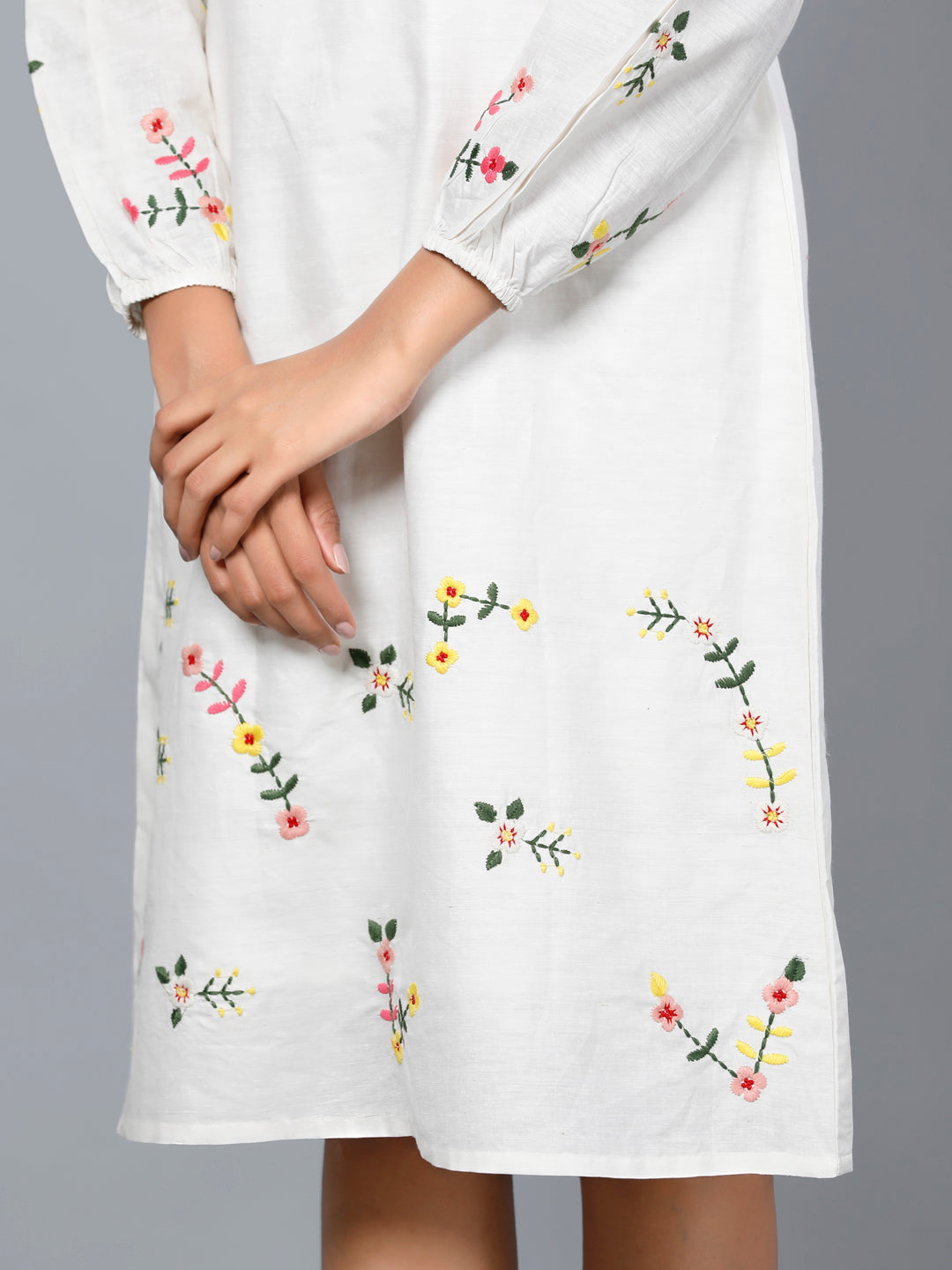 Eco Khadi Silk Ivory Floral Embroidered Dress