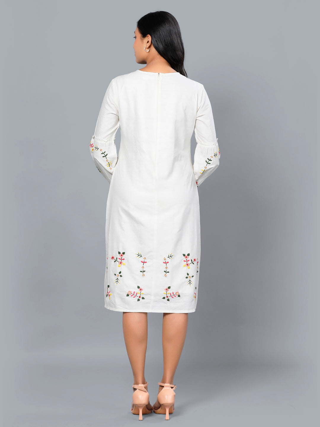 Eco Khadi Silk Ivory Floral Embroidered Dress