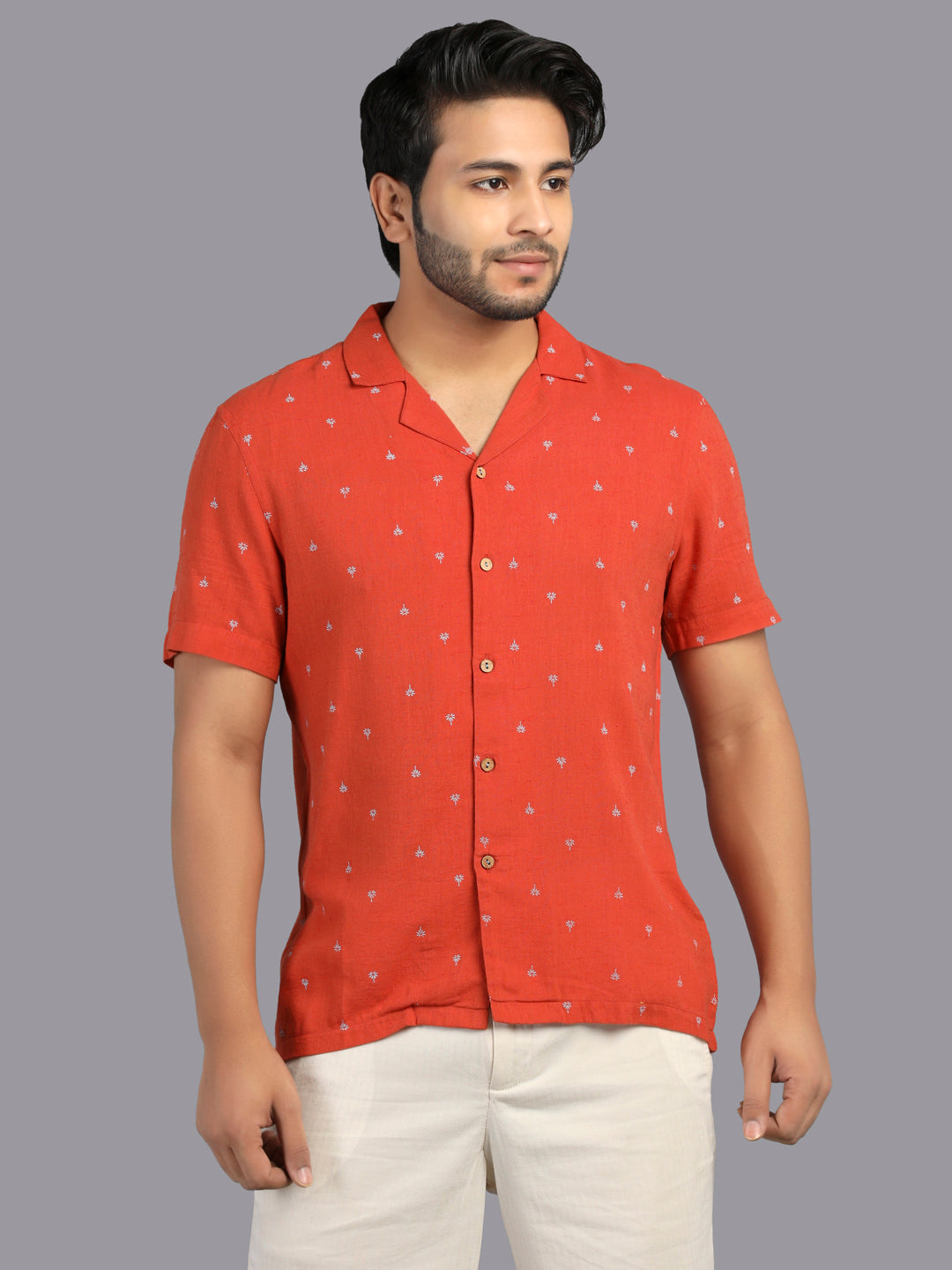 Eco Khadi Cotton Rust Printed Shirt with Camp Collar - Aagastya