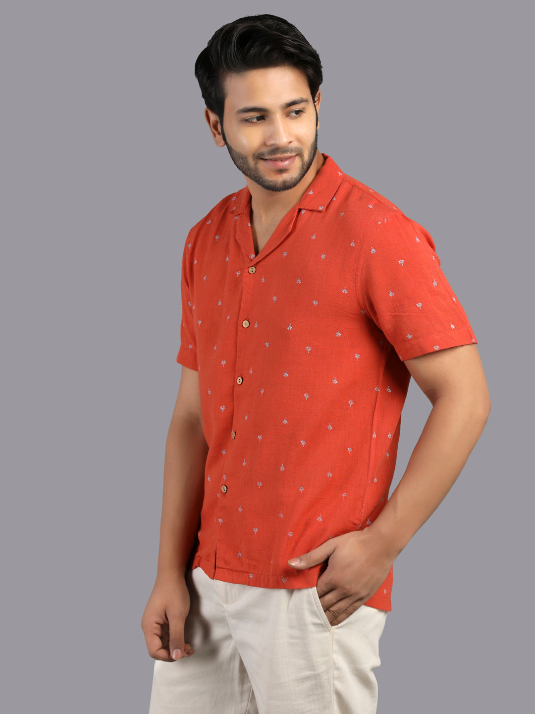 Eco Khadi Cotton Rust Printed Shirt with Camp Collar - Aagastya