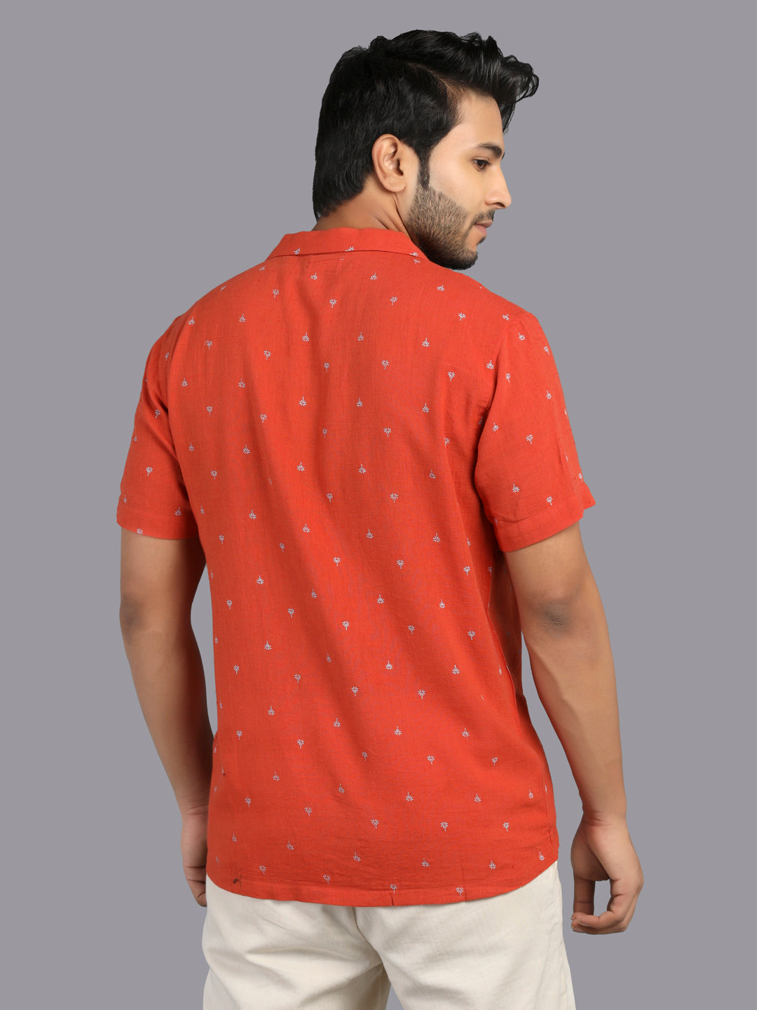 Eco Khadi Cotton Rust Printed Shirt with Camp Collar - Aagastya
