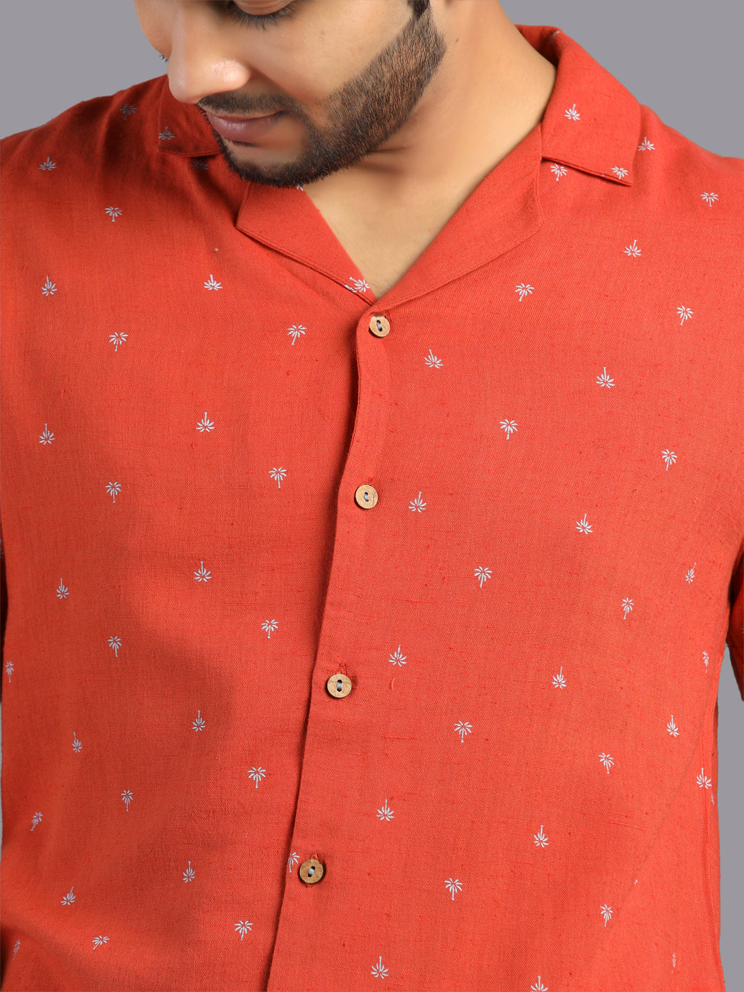Eco Khadi Cotton Rust Printed Shirt with Camp Collar - Aagastya