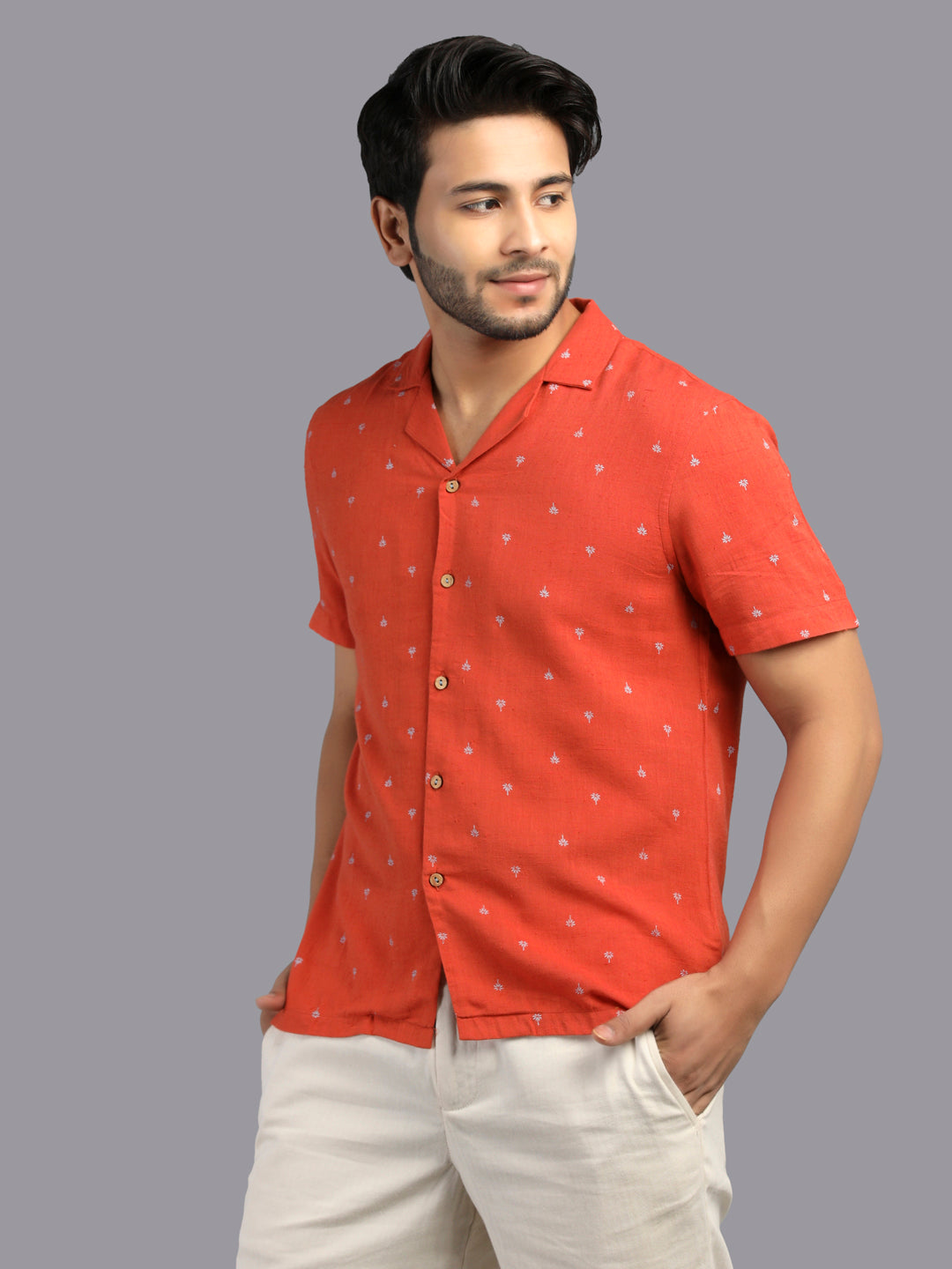Eco Khadi Cotton Rust Printed Shirt with Camp Collar - Aagastya