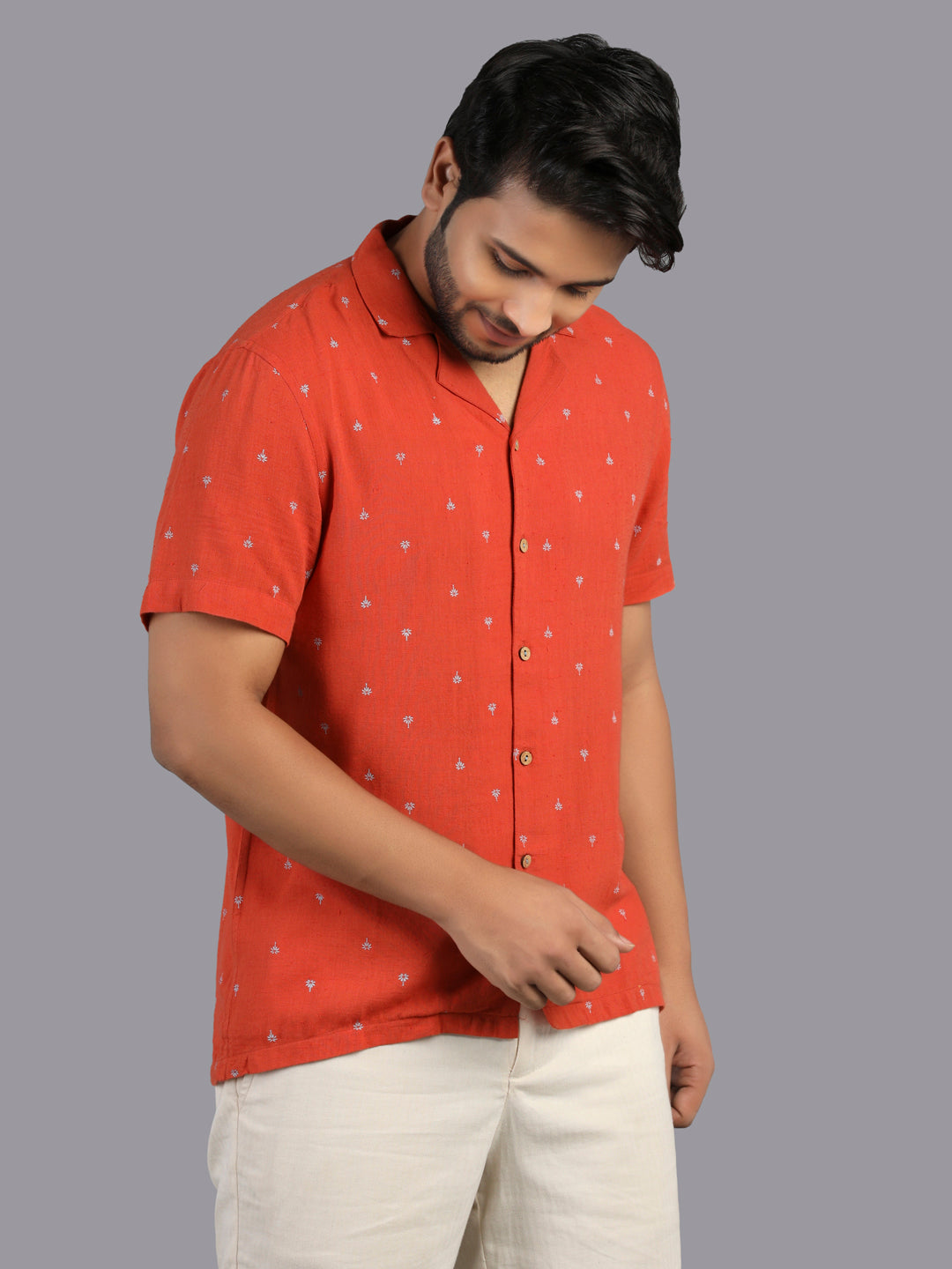 Eco Khadi Cotton Rust Printed Shirt with Camp Collar - Aagastya