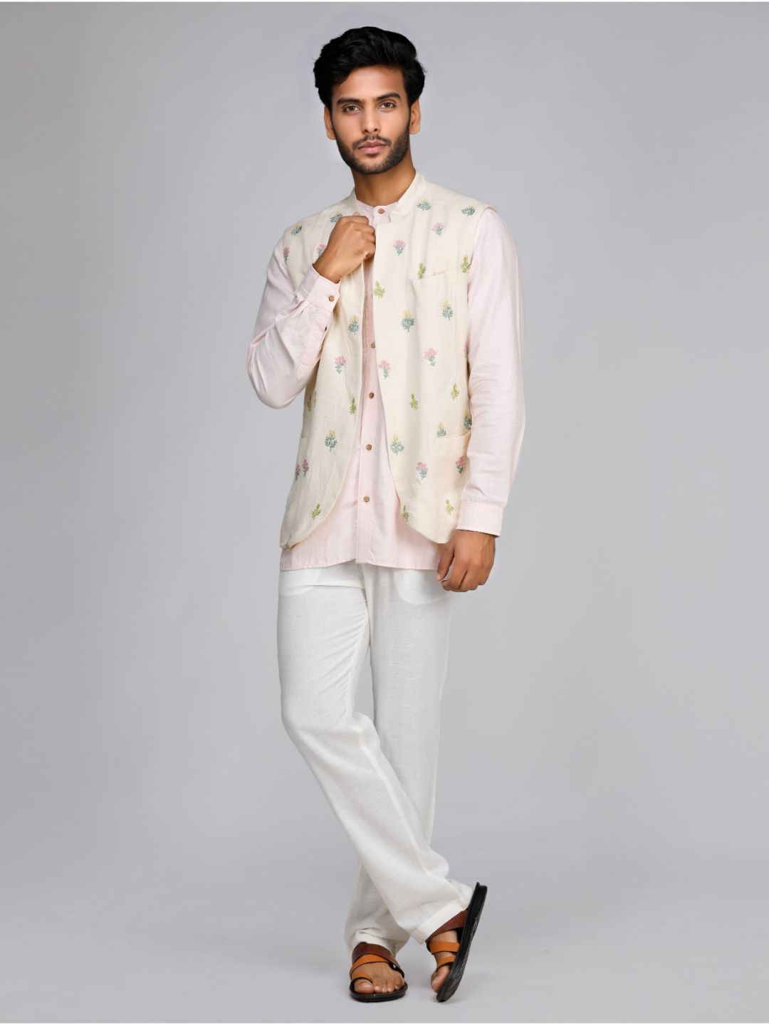 Eco Khadi Cotton Embroidered Nehru Jacket - Arva