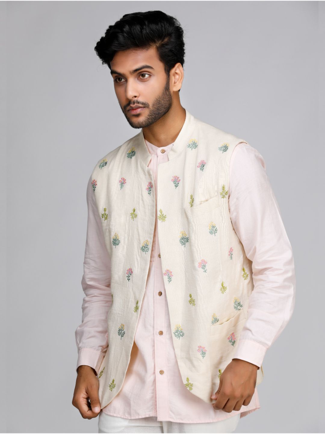 Eco Khadi Cotton Embroidered Nehru Jacket - Arva