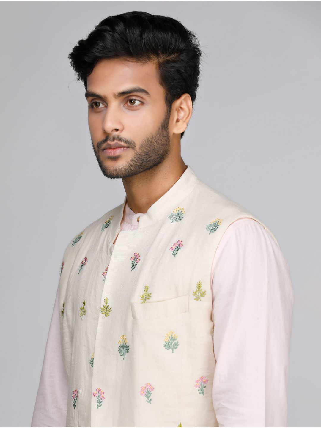 Eco Khadi Cotton Embroidered Nehru Jacket - Arva