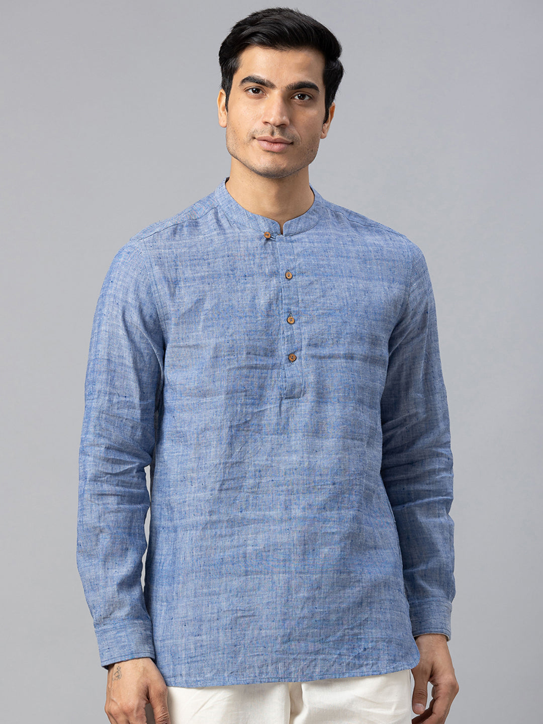 Eco Khadi Cotton Blue Shirt kurta with Loop Opening - Shivin