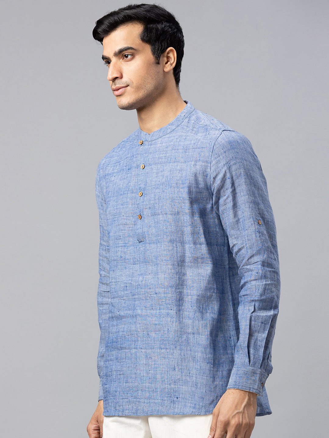 Eco Khadi Cotton Blue Shirt kurta with Loop Opening - Shivin