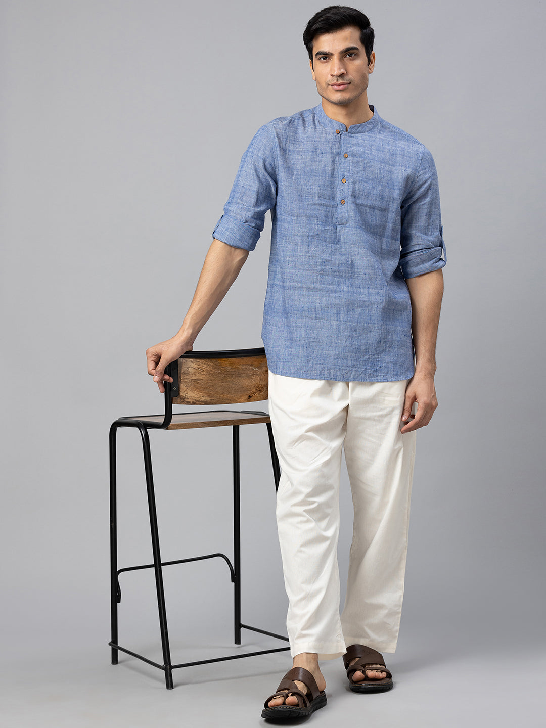 Eco Khadi Cotton Blue Shirt kurta with Loop Opening - Shivin