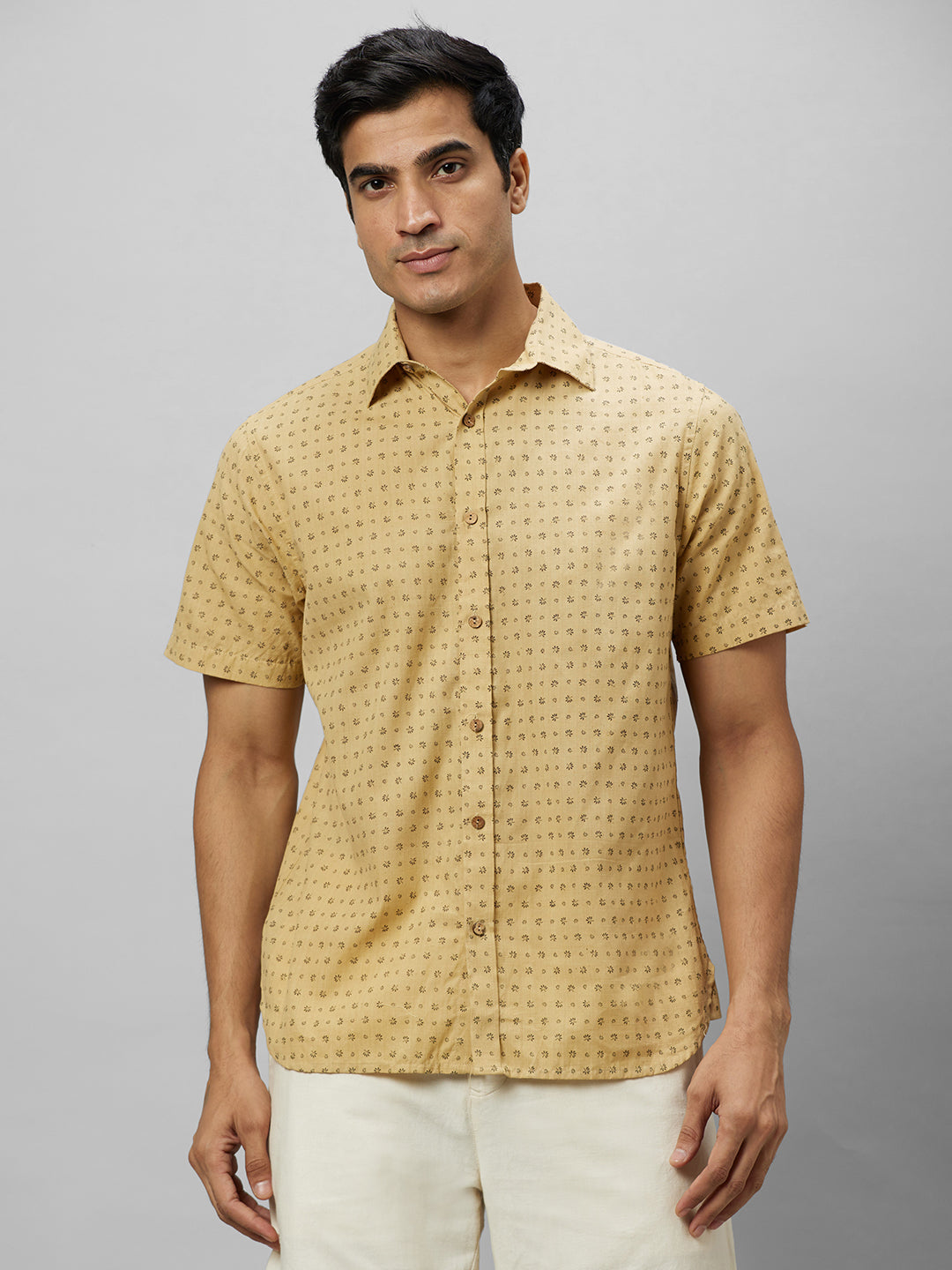 Eco Khadi Cotton Yellow Shirt With printed pattern