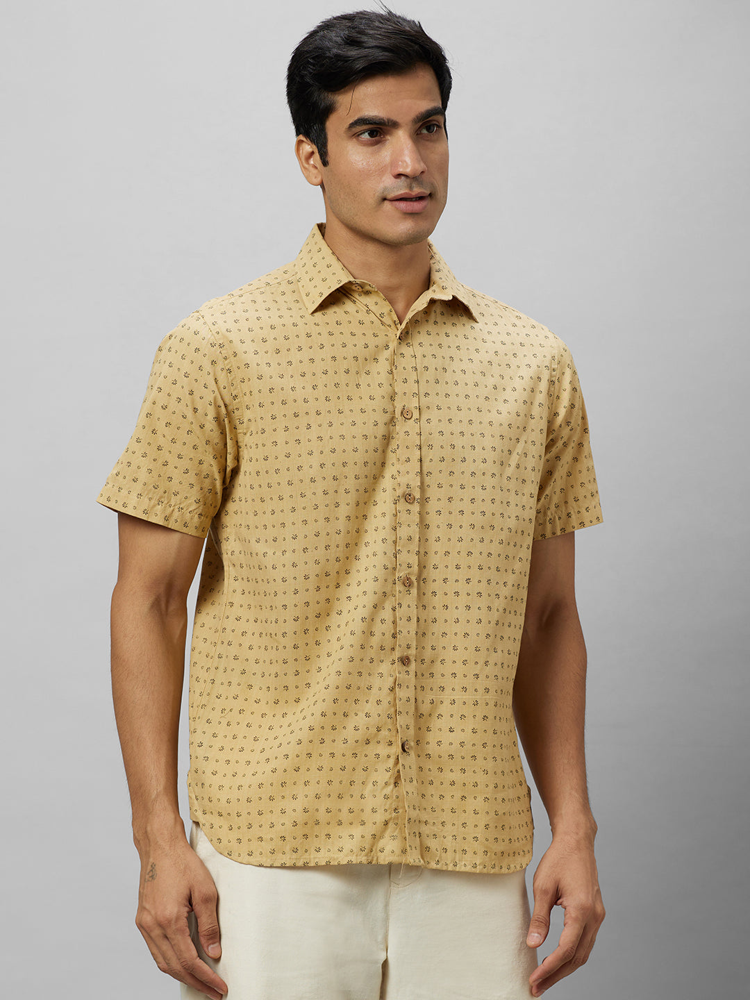 Eco Khadi Cotton Yellow Shirt With printed pattern