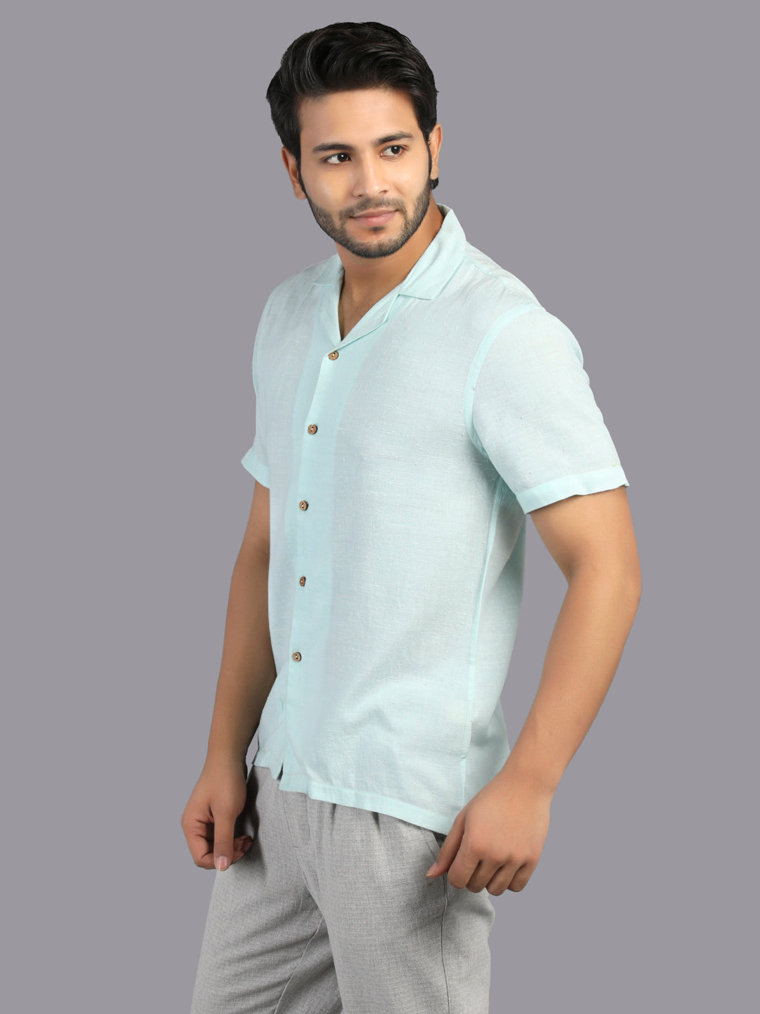 Eco Khadi Cotton Blue Shirt with Camp Collar - Divik