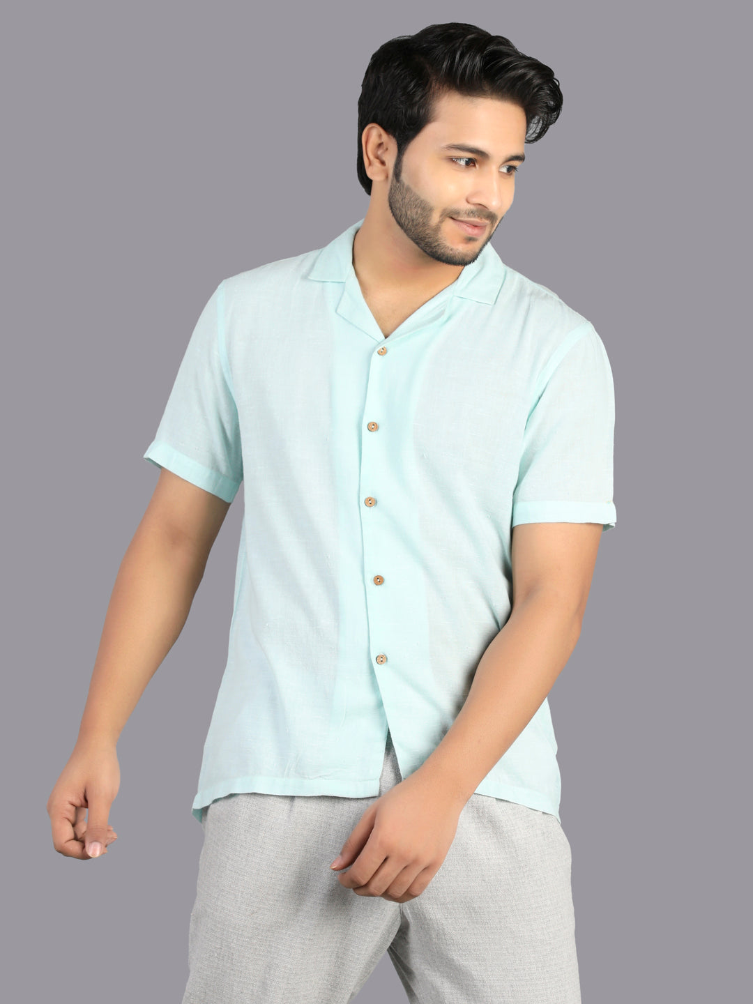 Eco Khadi Cotton Blue Shirt with Camp Collar - Divik