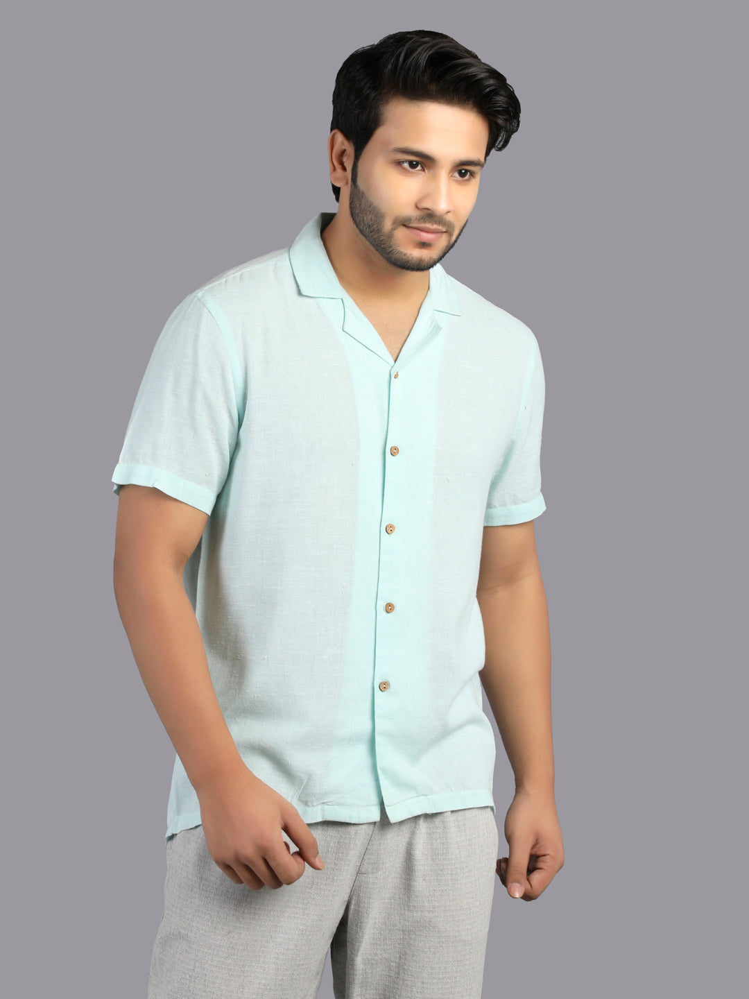 Eco Khadi Cotton Blue Shirt with Camp Collar - Divik
