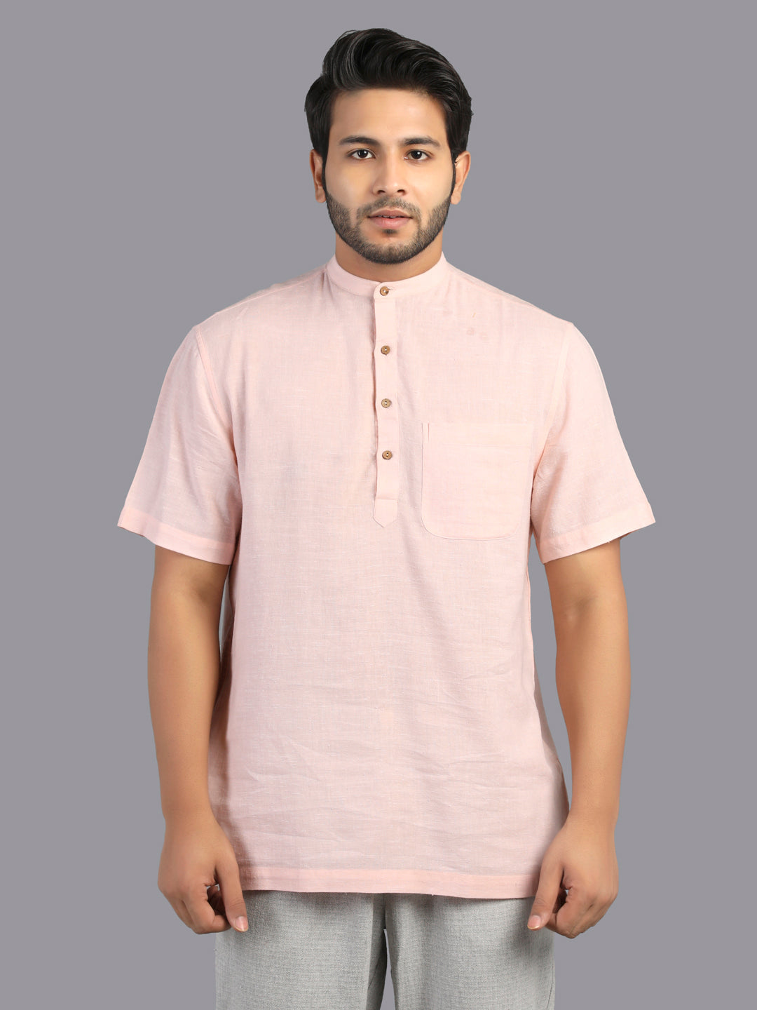 Eco Khadi Cotton Cloud Pink Shirt with Band Collar -Mish