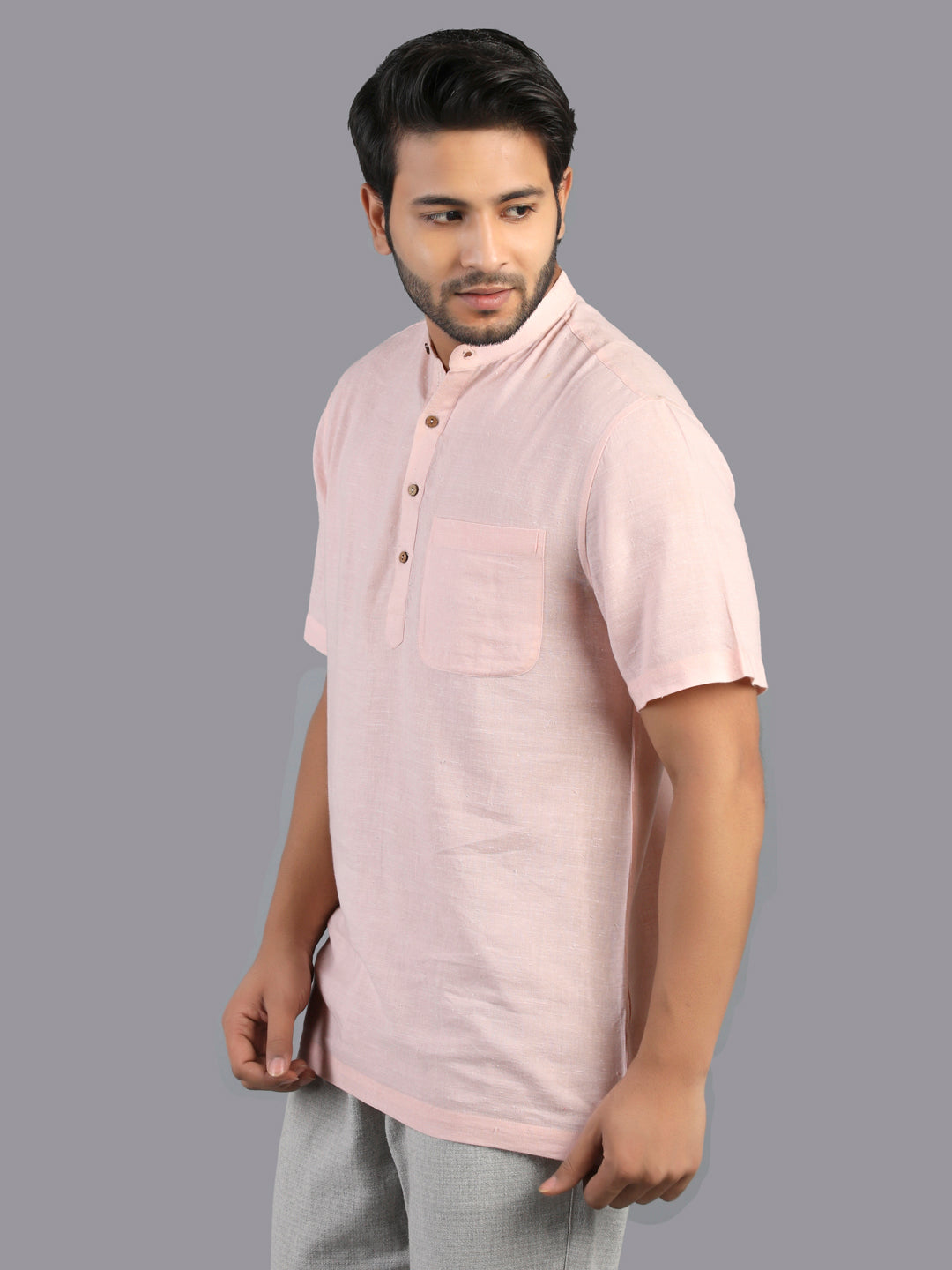 Eco Khadi Cotton Cloud Pink Shirt with Band Collar -Mish