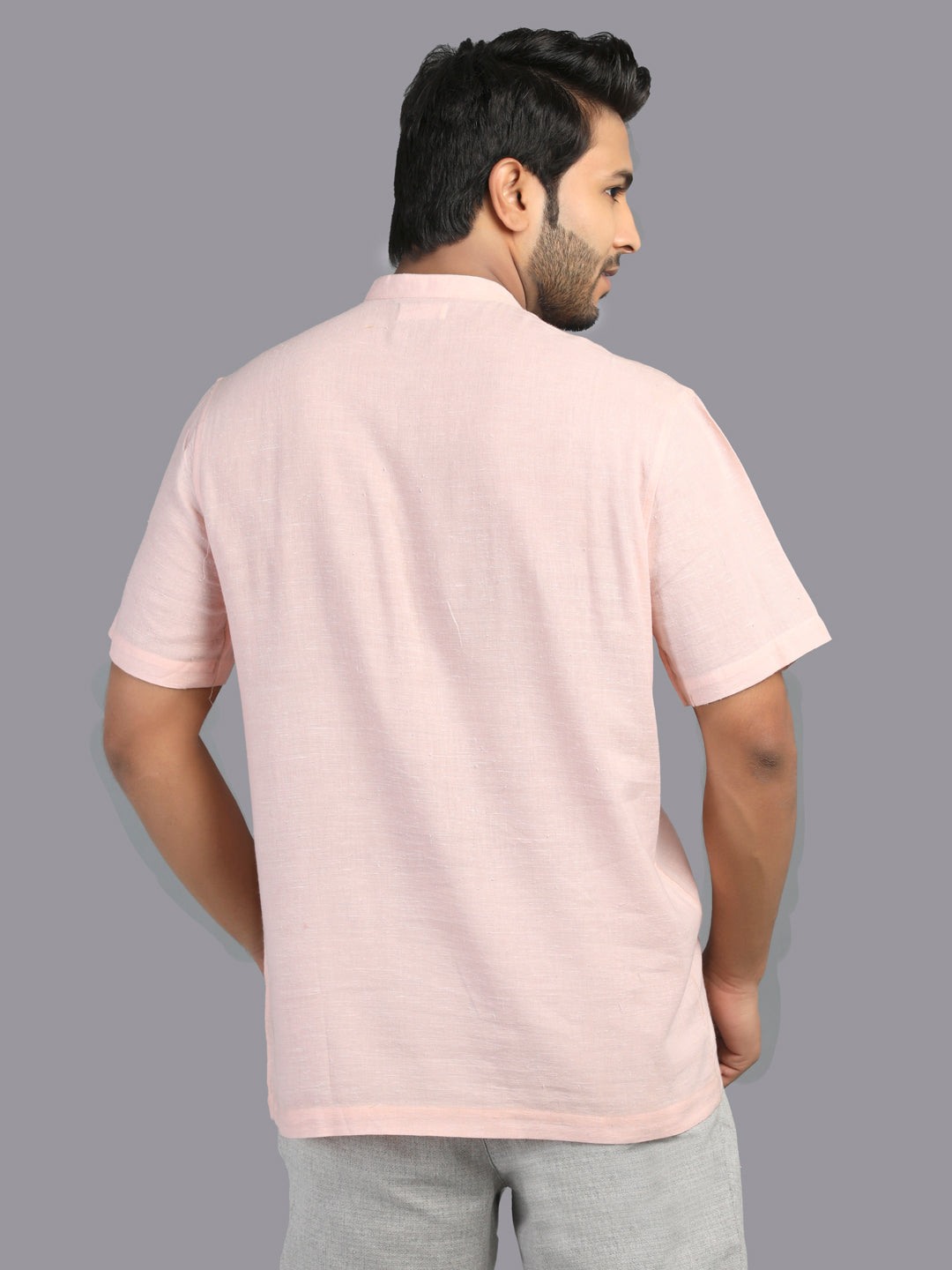 Eco Khadi Cotton Cloud Pink Shirt with Band Collar -Mish