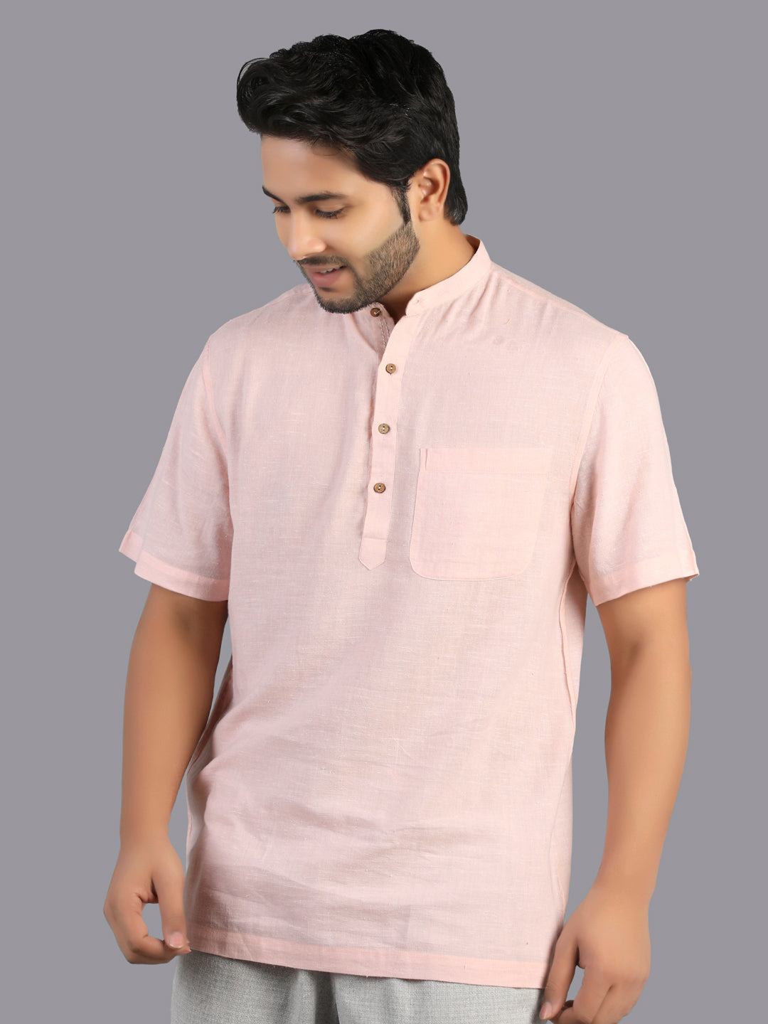 Eco Khadi Cotton Cloud Pink Shirt with Band Collar -Mish