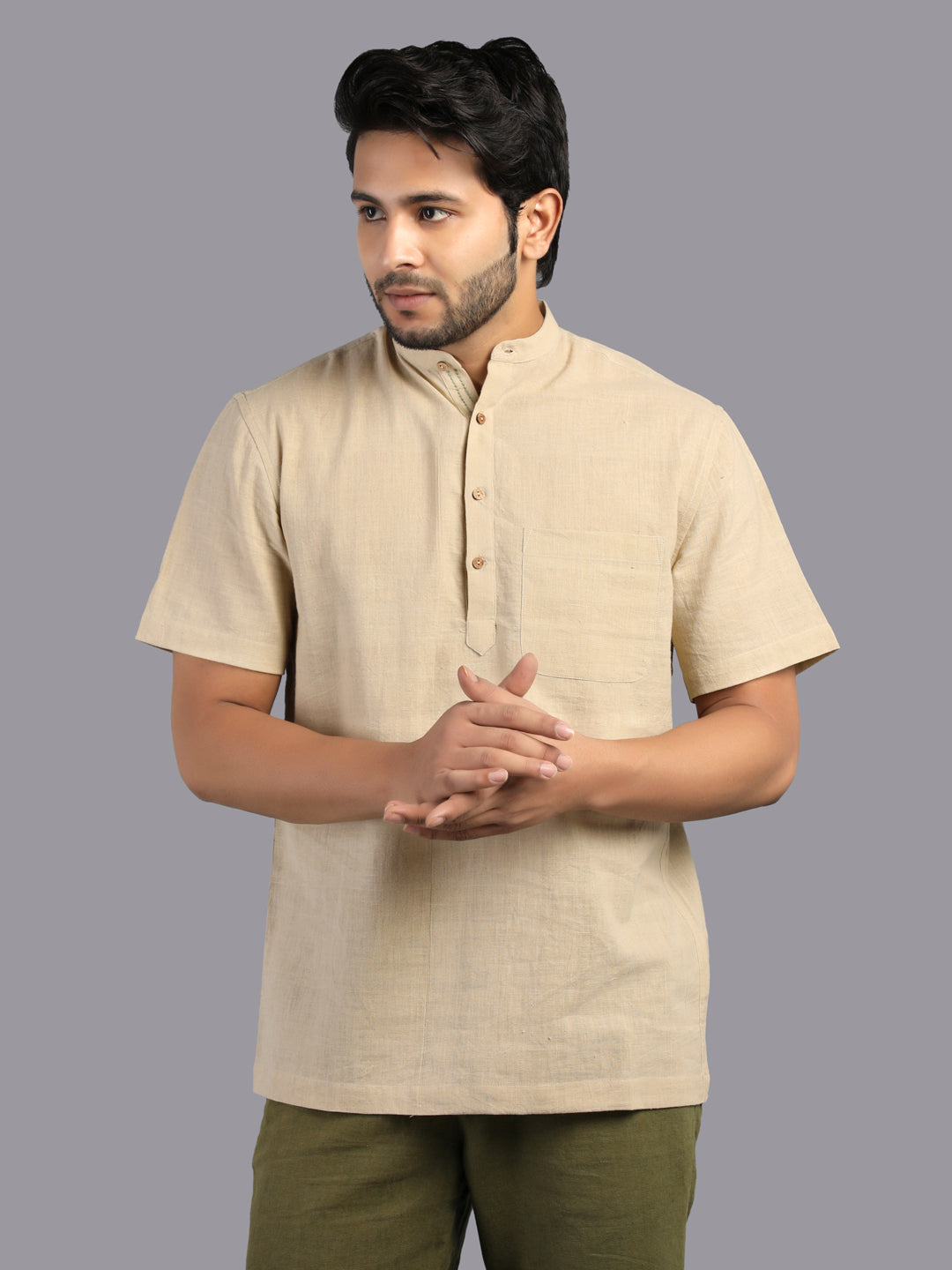 Eco Khadi Cotton Pale Olive Shirt with Band Collar - Mish
