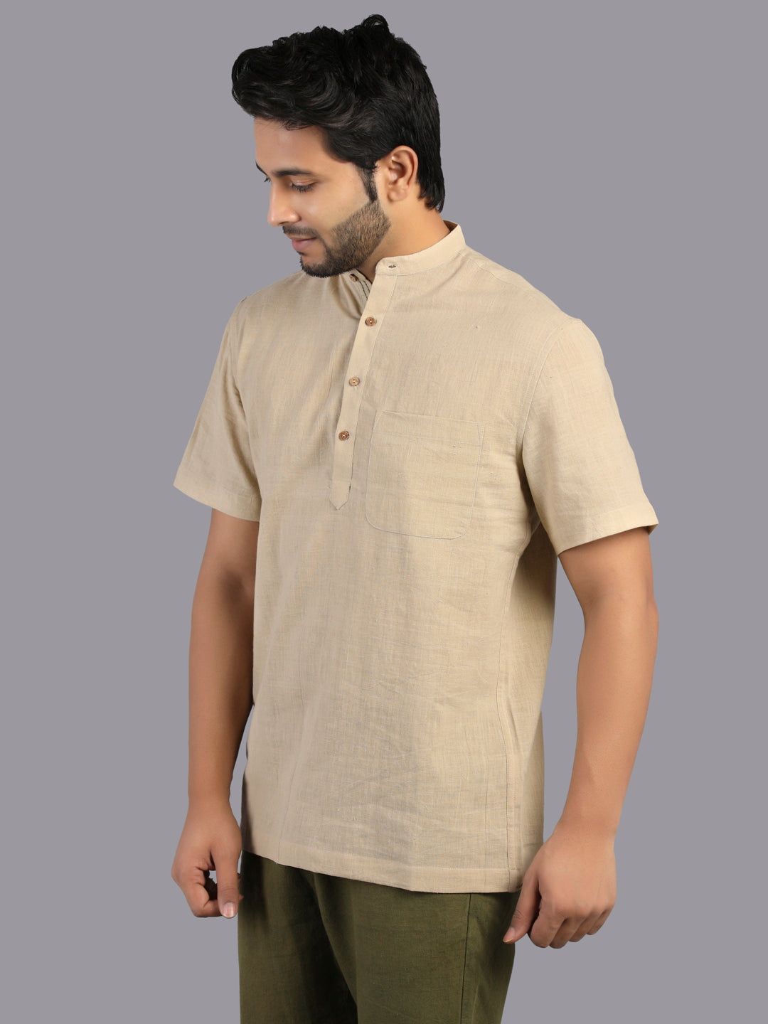 Eco Khadi Cotton Pale Olive Shirt with Band Collar - Mish