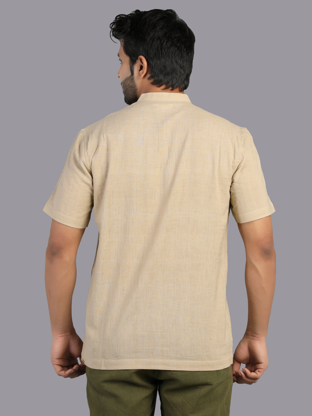 Eco Khadi Cotton Pale Olive Shirt with Band Collar - Mish