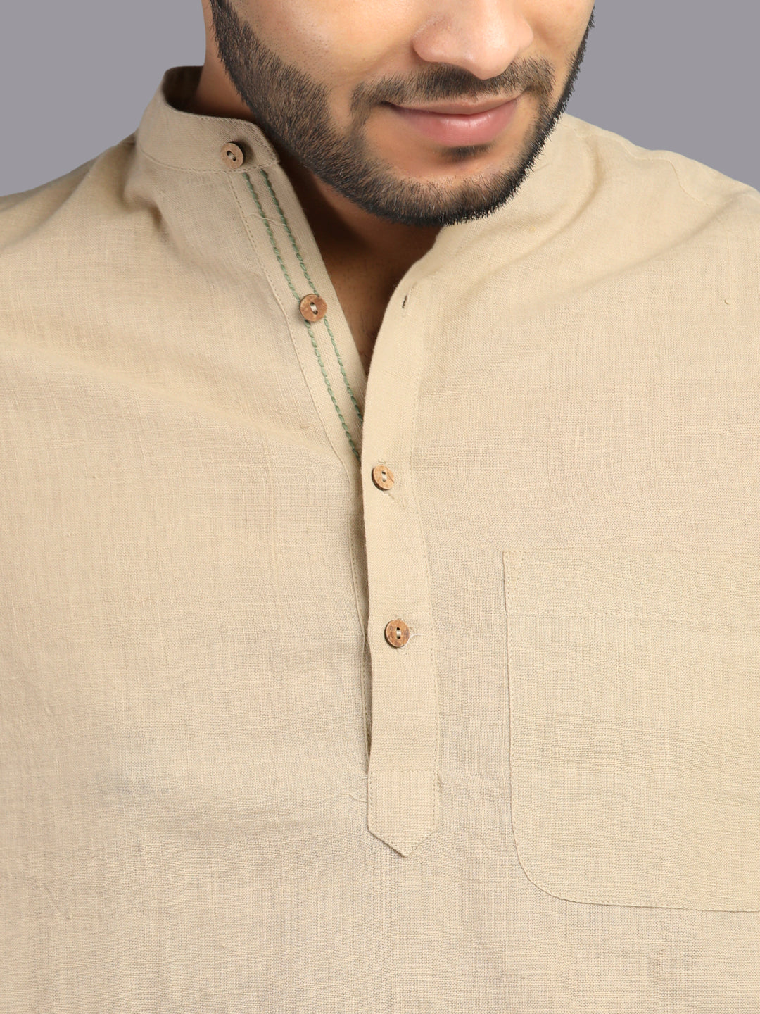 Eco Khadi Cotton Pale Olive Shirt with Band Collar - Mish