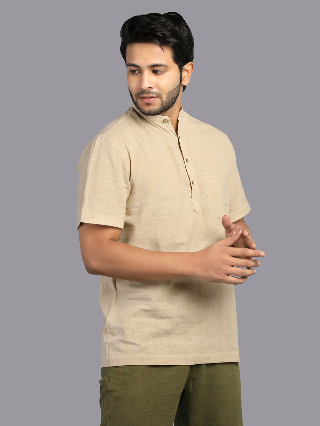 Eco Khadi Cotton Pale Olive Shirt with Band Collar - Mish