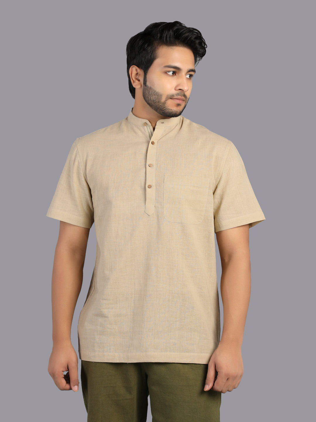 Eco Khadi Cotton Pale Olive Shirt with Band Collar - Mish