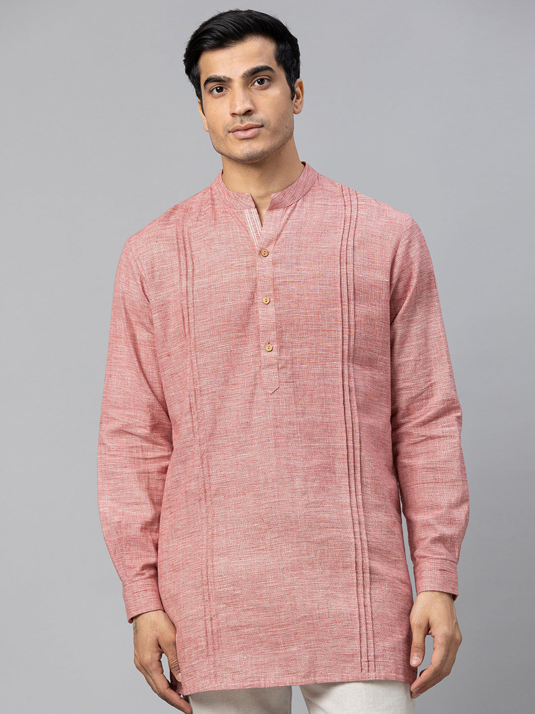 Eco Khadi Cotton Red Textured Pintucks Mid Length Nawabi Kurta - Saif