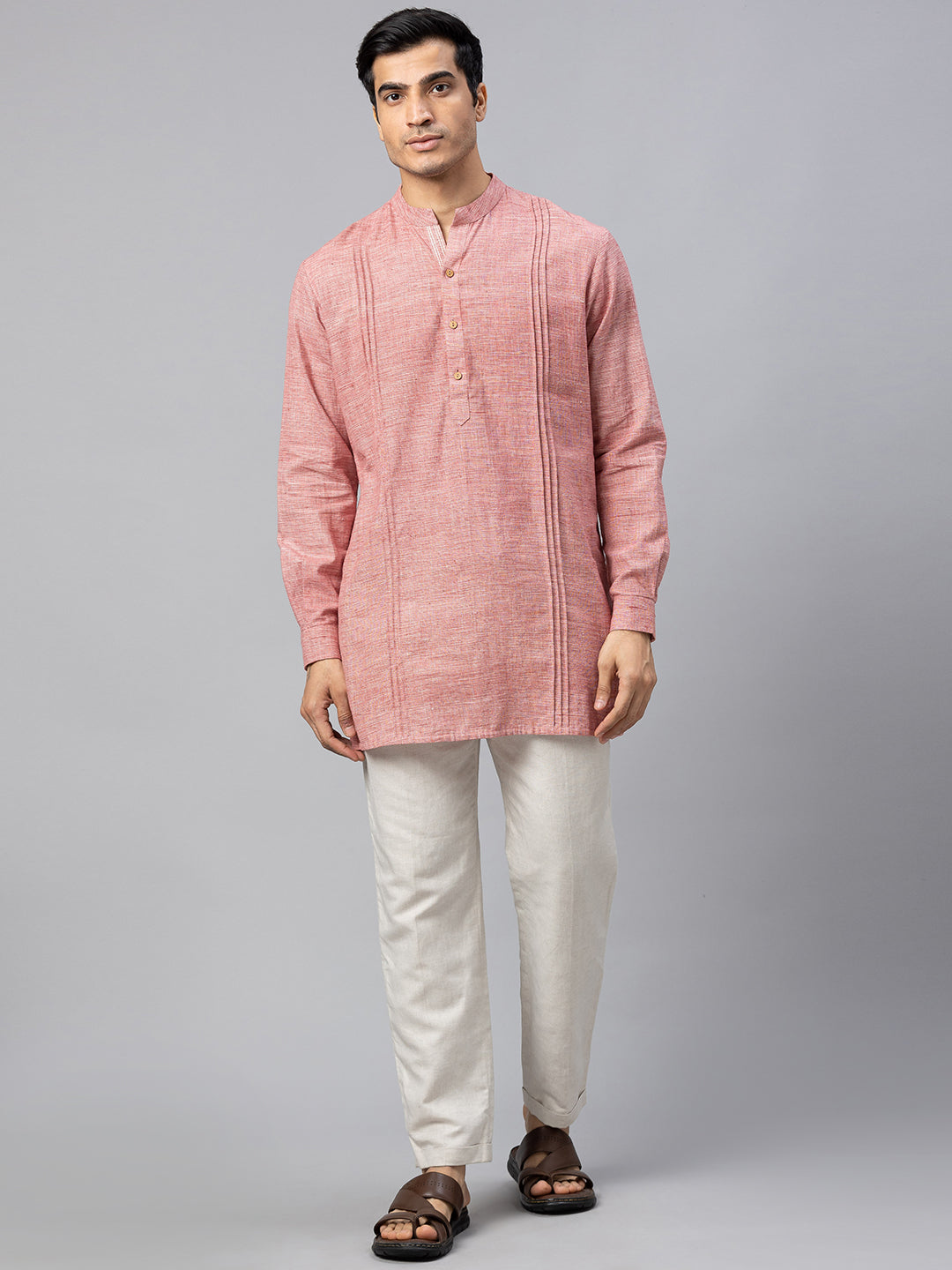 Eco Khadi Cotton Red Textured Pintucks Mid Length Nawabi Kurta - Saif