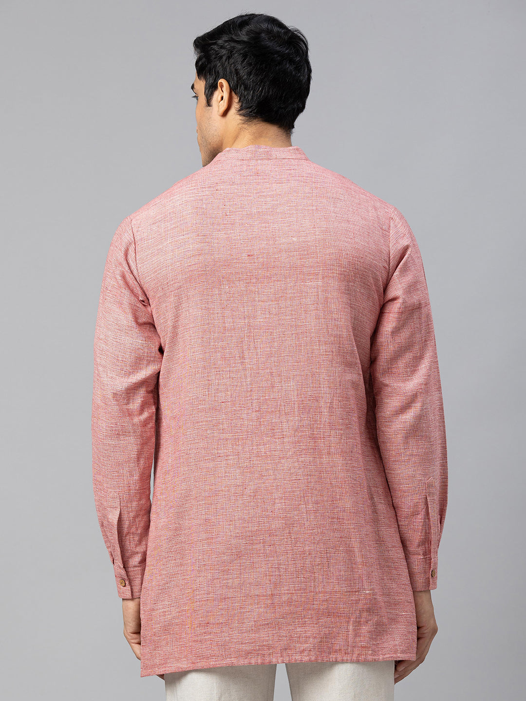Eco Khadi Cotton Red Textured Pintucks Mid Length Nawabi Kurta - Saif