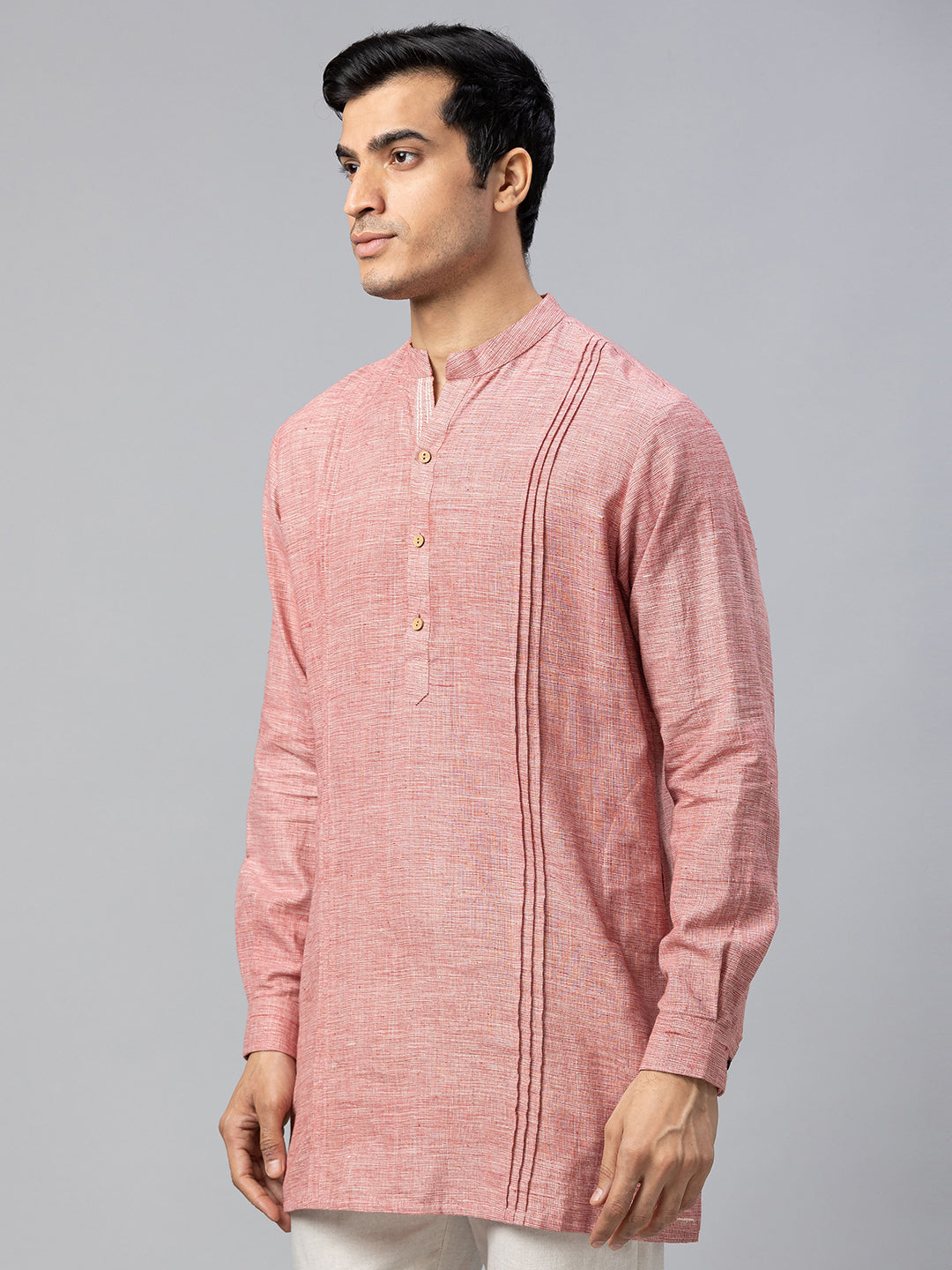 Eco Khadi Cotton Red Textured Pintucks Mid Length Nawabi Kurta - Saif