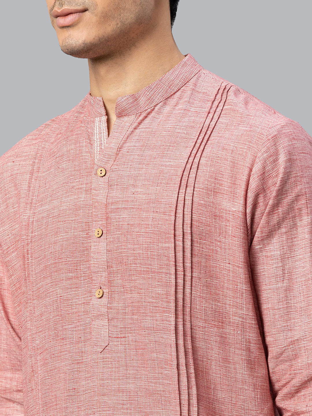 Eco Khadi Cotton Red Textured Pintucks Mid Length Nawabi Kurta - Saif