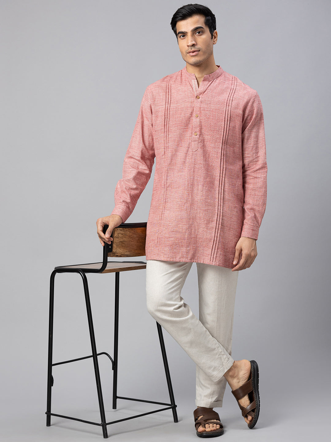 Eco Khadi Cotton Red Textured Pintucks Mid Length Nawabi Kurta - Saif