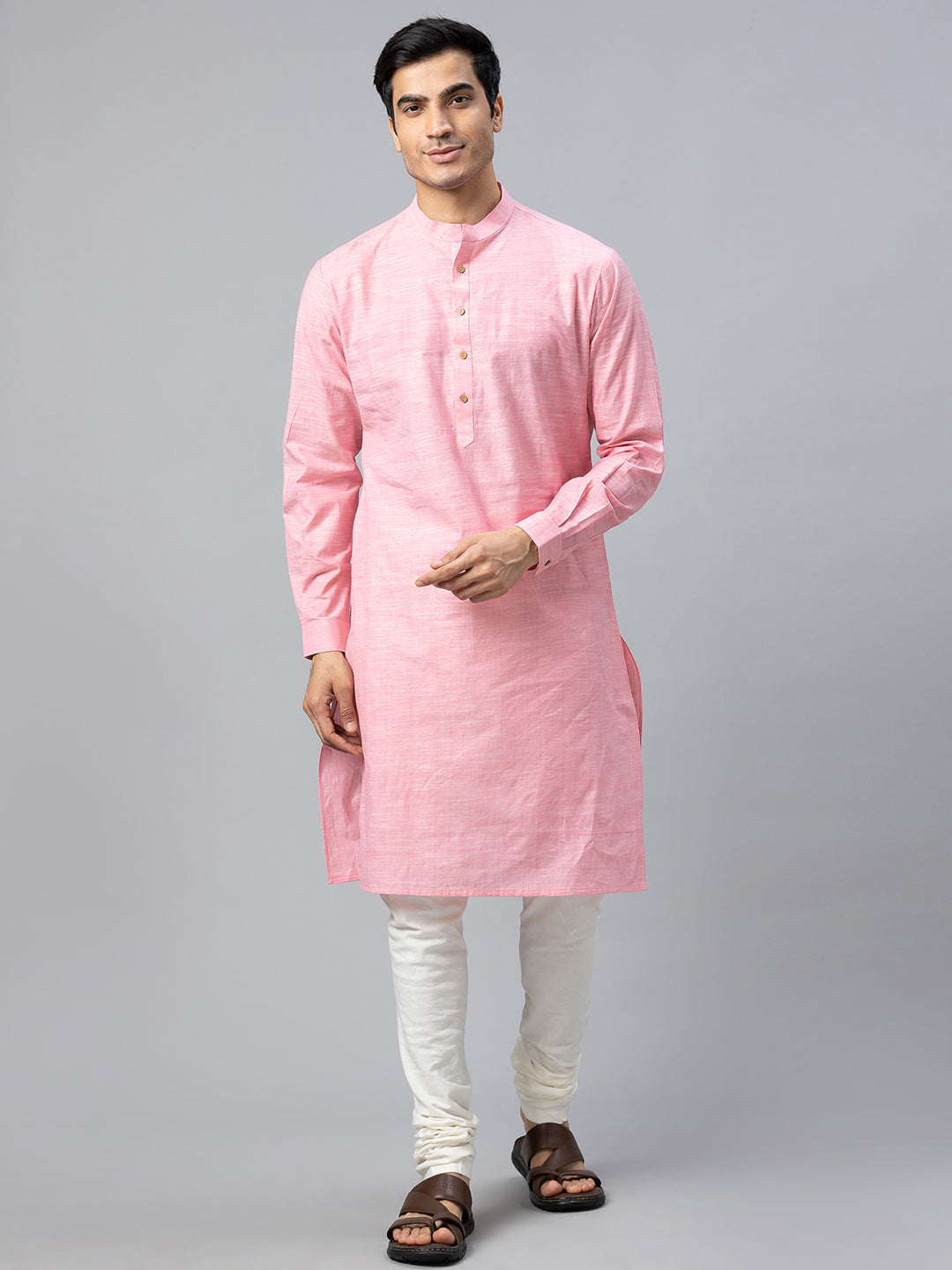 Eco Khadi Cotton Baby Pink Textured Long Kurta - Ina