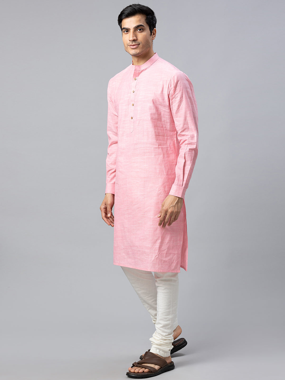 Eco Khadi Cotton Baby Pink Textured Long Kurta - Ina
