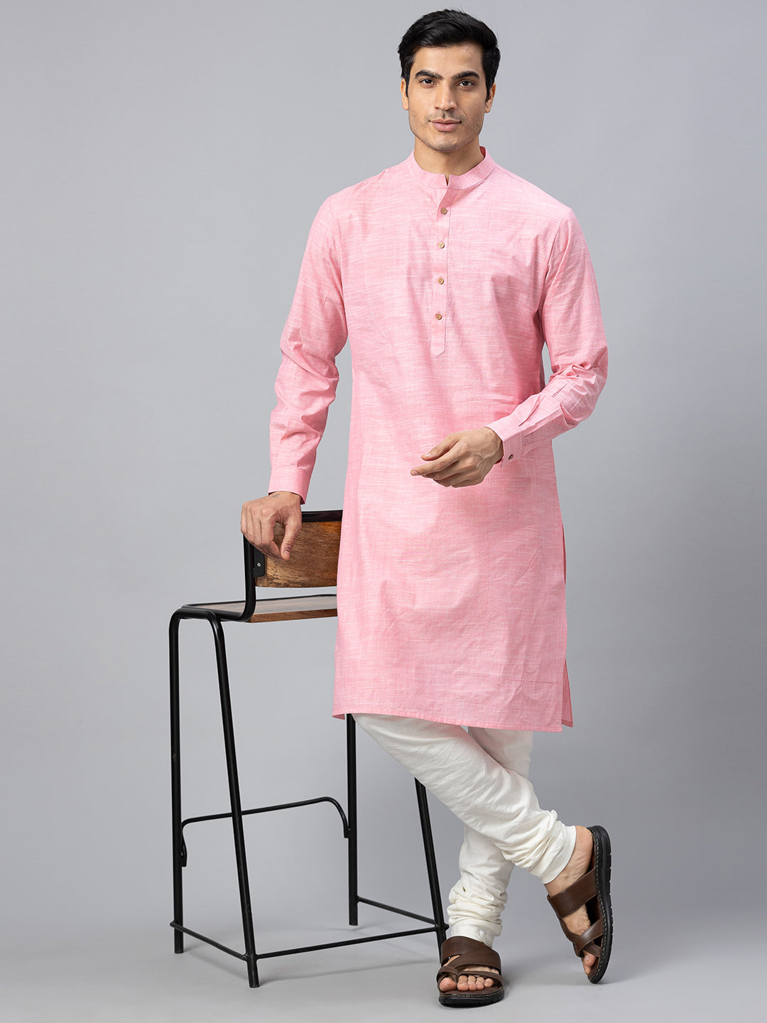 Eco Khadi Cotton Baby Pink Textured Long Kurta - Ina