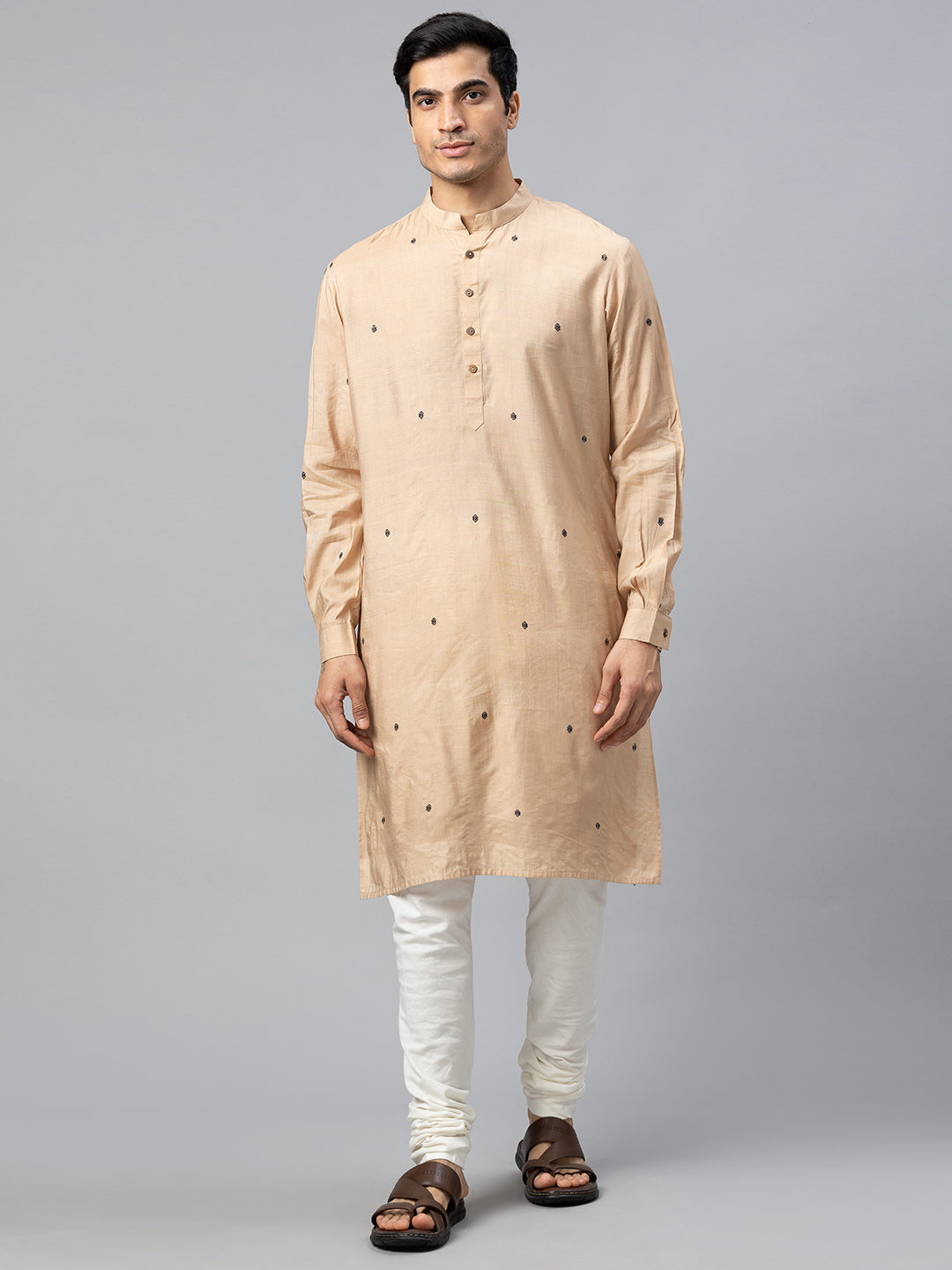 Eco Khadi Cotton Silk Biege All Over Black Motif Long Kurta - Soori