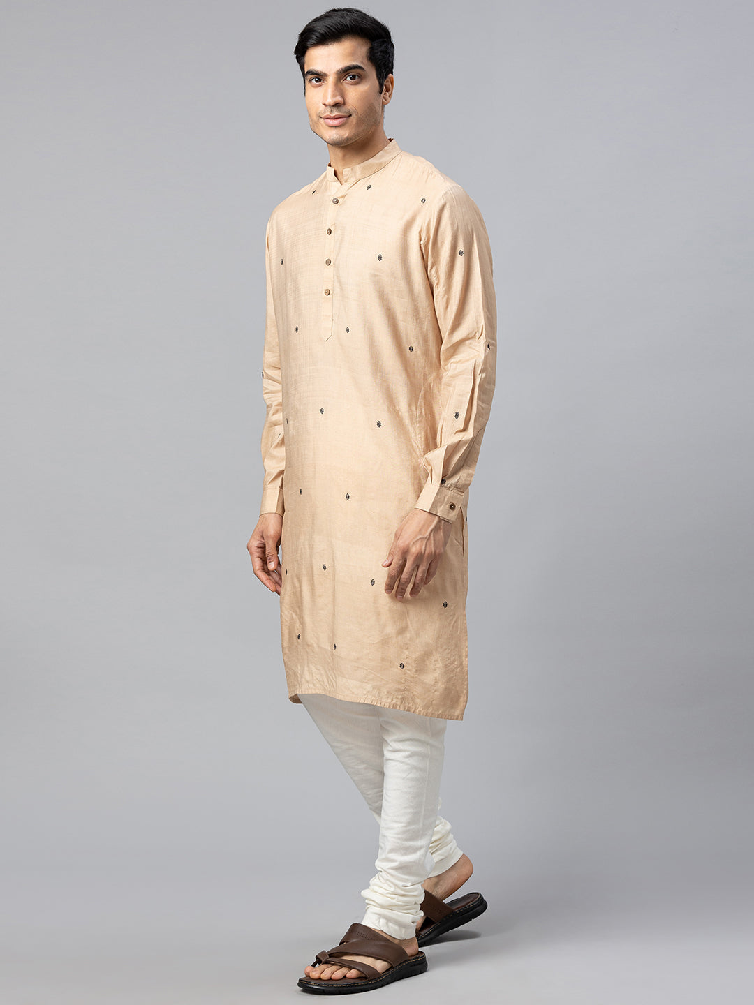 Eco Khadi Cotton Silk Biege All Over Black Motif Long Kurta - Soori